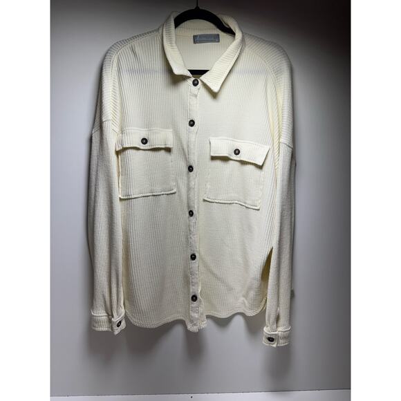 Ivory Waffle Button Up Women’s Shirt Ling Sleeve Sz L Thermal Loose Fit - Picture 6 of 8